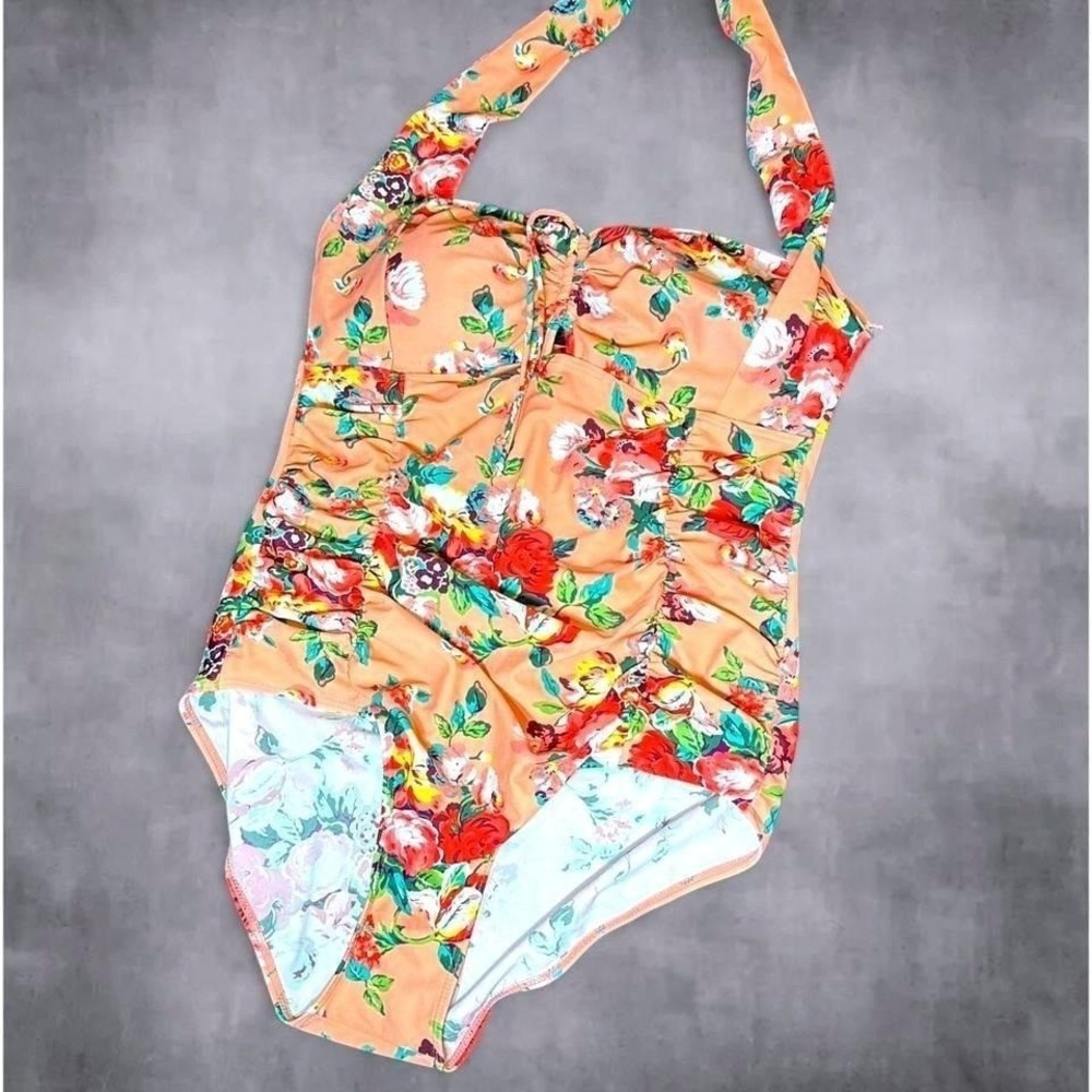 Floral‎ One Piece Swimsuit Peach Ruched Halter Neck Padded Sweetheart Swimwear